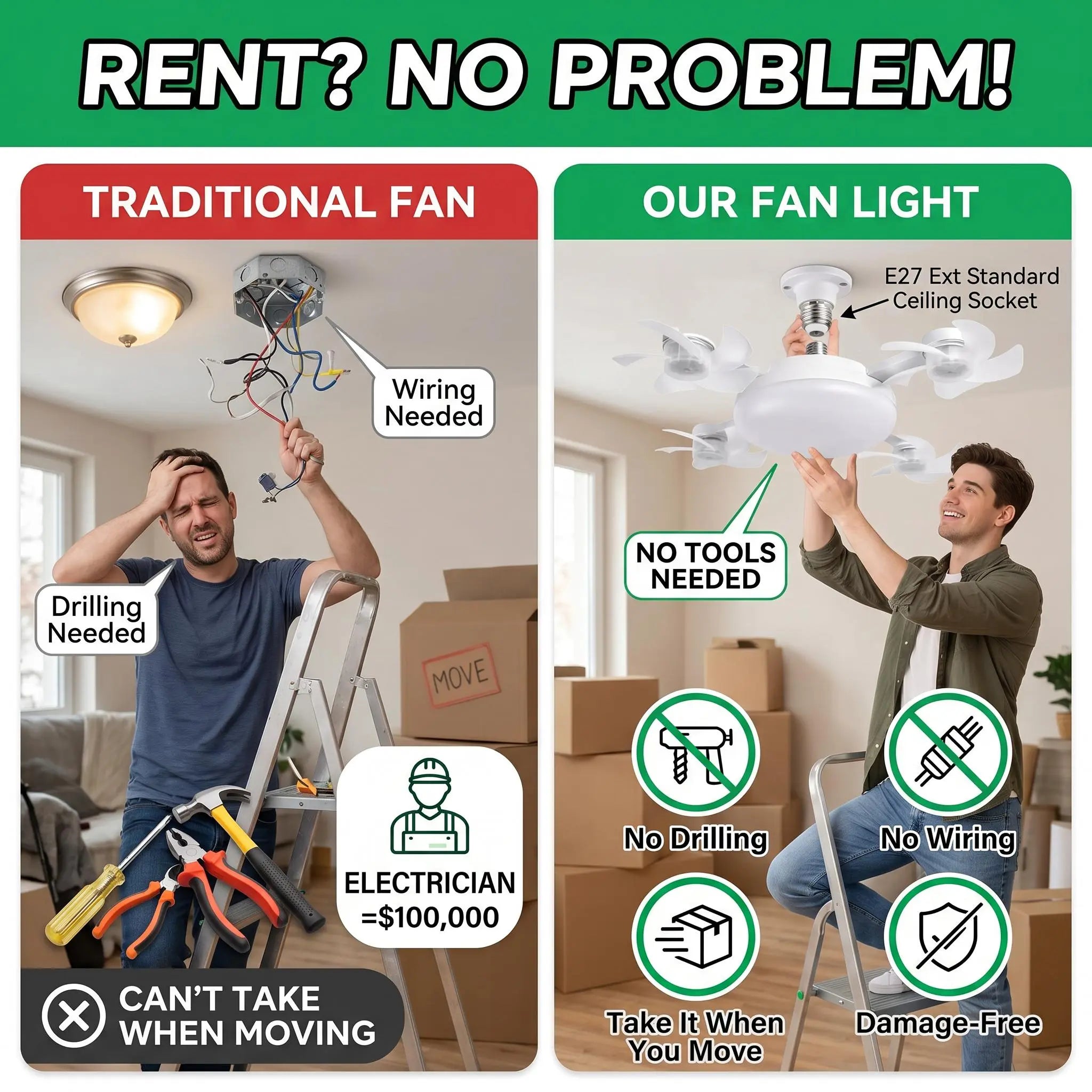 DroneDesign Silent LED Ceiling Fan Light with Remote | Dimmable 3-Color E27 Fan Lamp